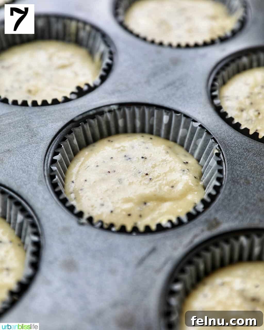 Lemon Poppy Seed Dream Cupcakes 14 cupcake batter in a lined muffin tin.