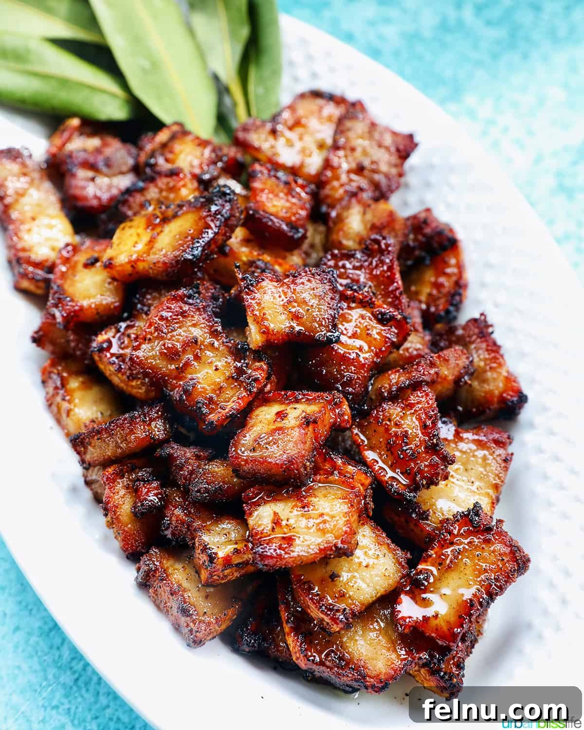 Crispy Air Fryer Pork Belly Bites 2 pile of air fryer pork belly bites on a white serving platter with bay leaves on a blue background.