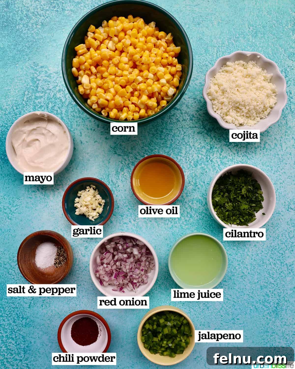 Mexican Street Corn Fiesta Dip 4 Various fresh ingredients for Elote Dip, including corn, red onion, jalapeño, lime, and cilantro, arranged in small bowls on a vibrant blue background.