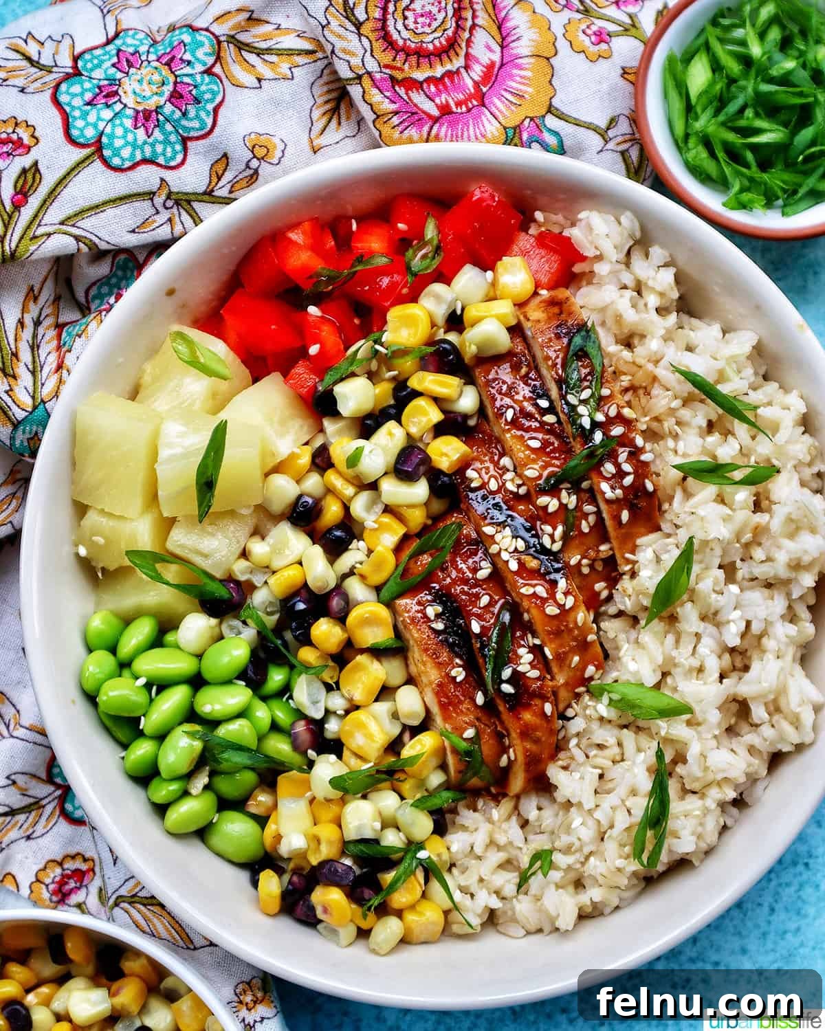 Chicken Teriyaki Bowl 2 Delicious Chicken Teriyaki Donburi with brown rice, teriyaki chicken, corn, edamame, pineapple, and red pepper