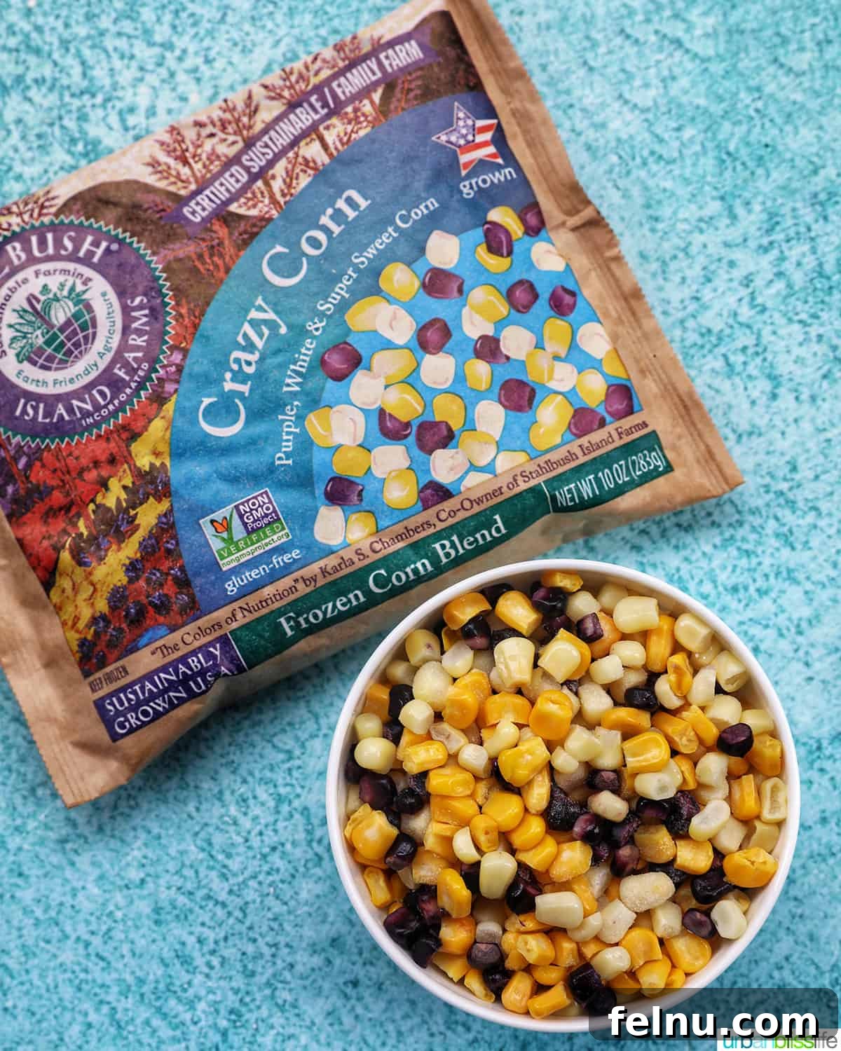 Chicken Teriyaki Bowl 5 Stahlbush Crazy Corn in packaging and in a bowl