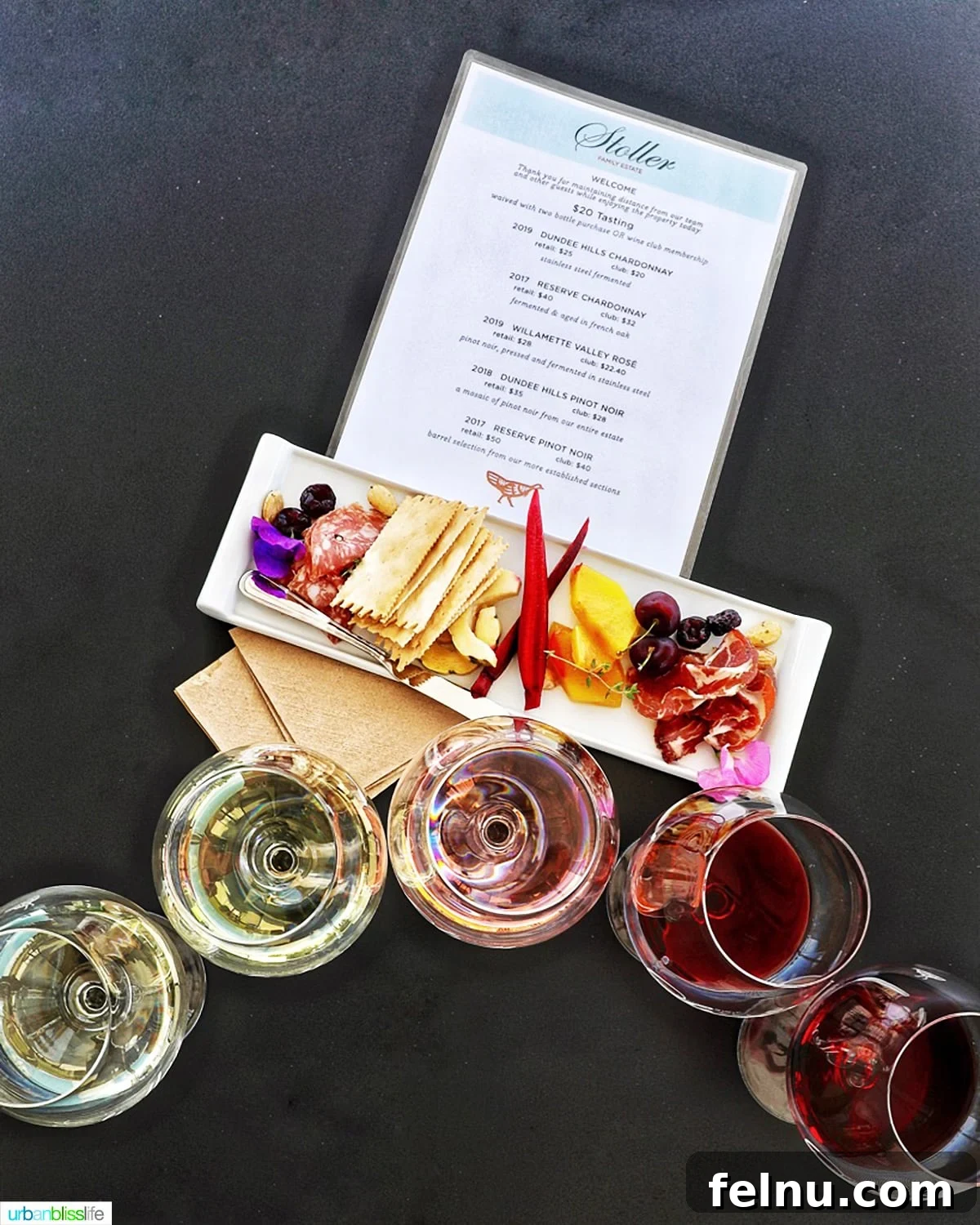 Uncorking Pasta Perfection 3 wine flight and charcuterie board at Stoller Winery