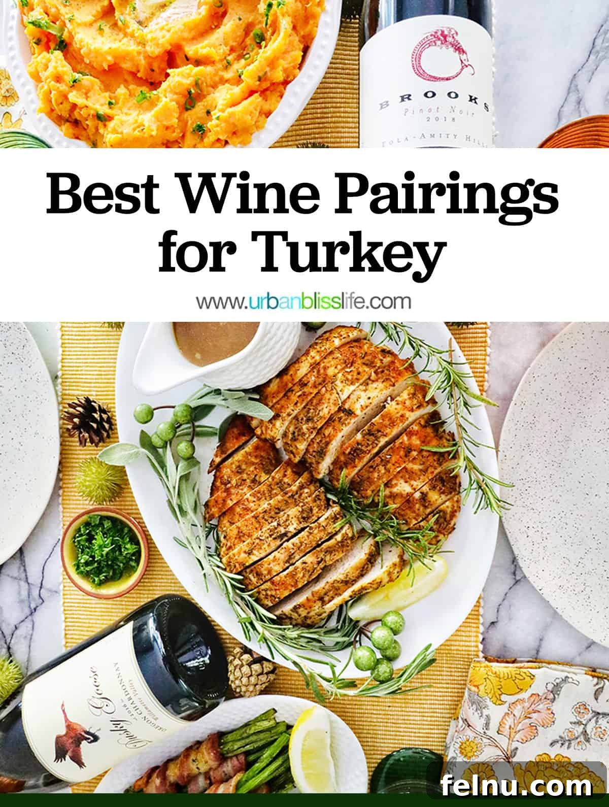 The Perfect Pairing: Wine and Turkey 2 Sliced turkey tenderloin with whipped sweet potatoes and bottles of wine, accompanied by the title text "Best Wine Pairings for Turkey."