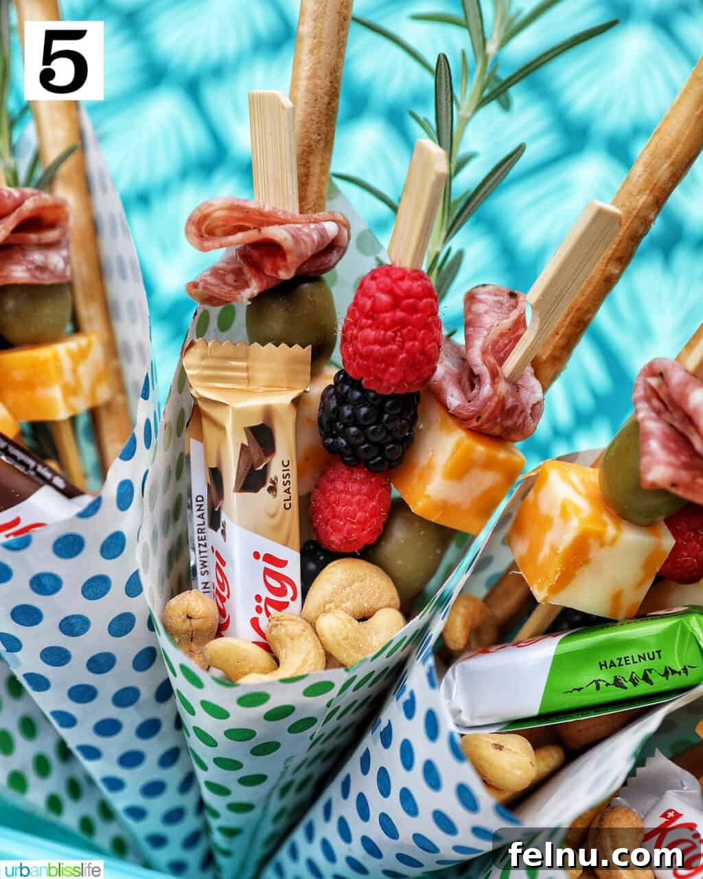 Charcuterie on the Go 10 Completed charcuterie cone with garnishes.