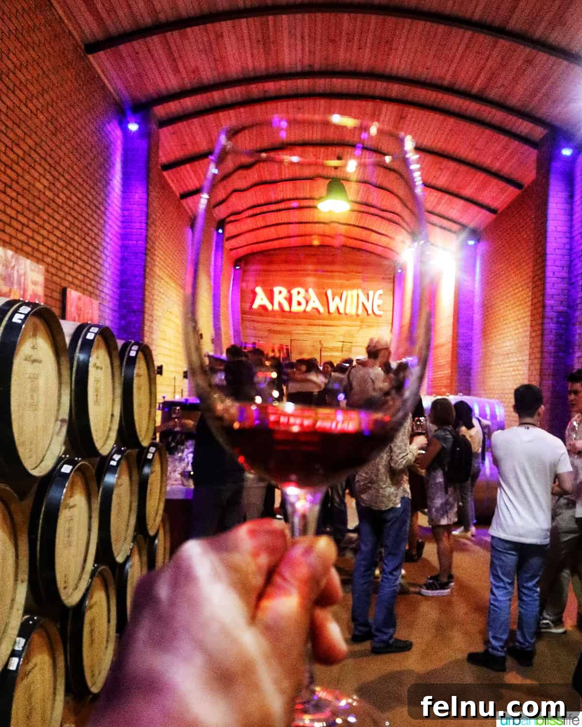 Explore Almaty: Thirty Unforgettable Things to Do 20 A hand holds a glass of red wine, with the 'Arba Wine' logo illuminated in neon lights in the background of a barrel room in Almaty, Kazakhstan.