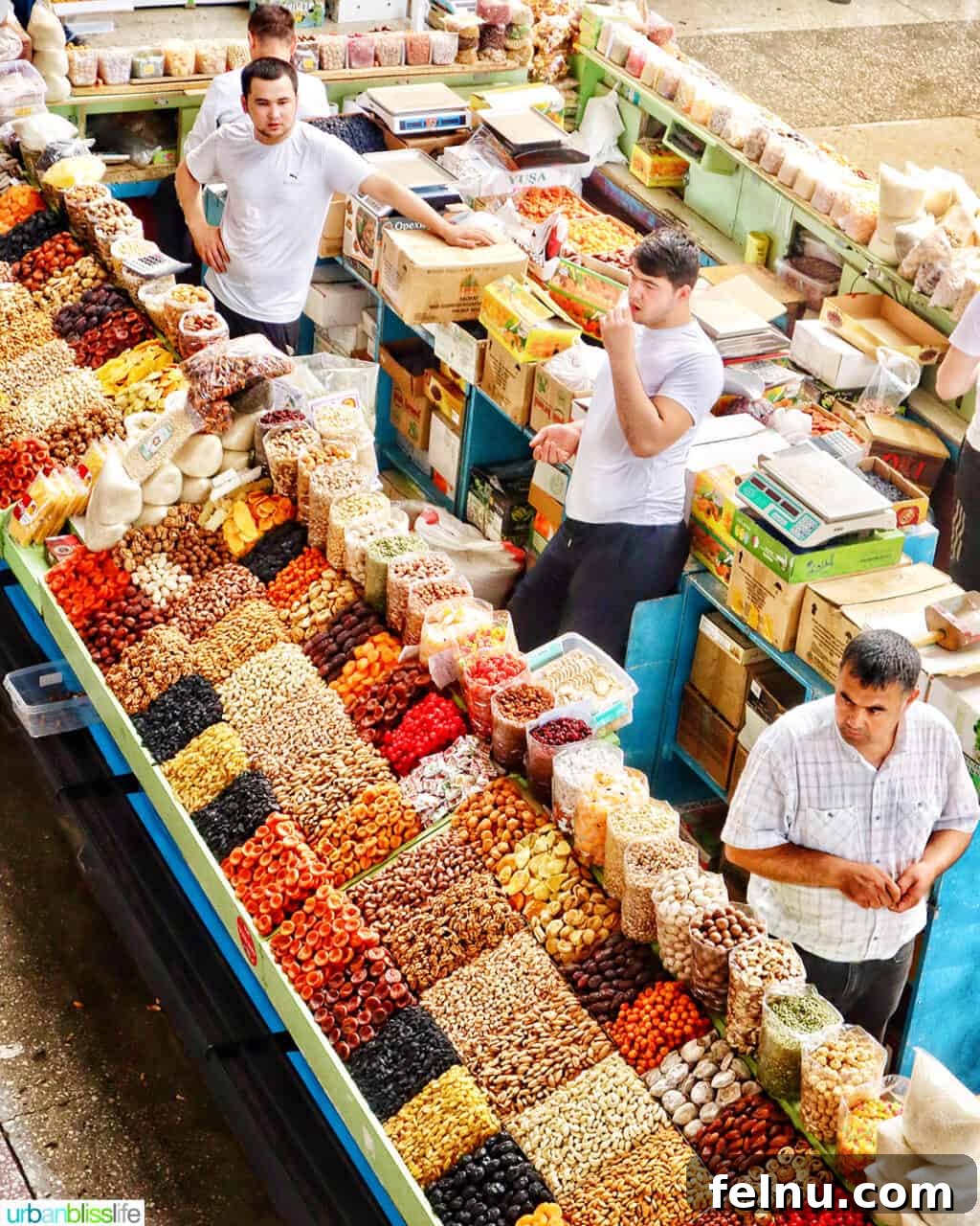Explore Almaty: Thirty Unforgettable Things to Do 5 A vibrant spice vendor stall at the bustling Green Bazaar in Almaty, Kazakhstan, with an array of colorful spices.