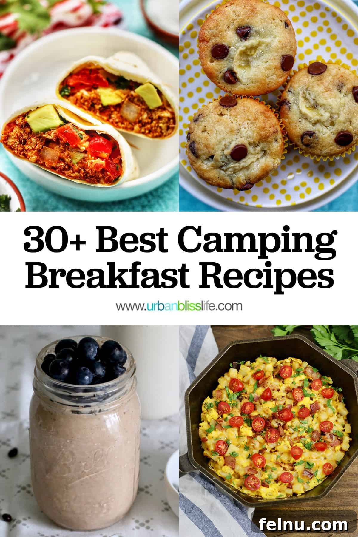 Fireside Morning Feasts 2 Photos of chorizo breakfast burritos, banana chocolate chip muffins, overnight oats, and tomato egg scramble, illustrating a variety of camping breakfast recipes.