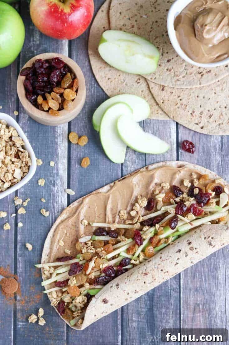 Granola crunch apple-peanut butter sandwich wraps.
