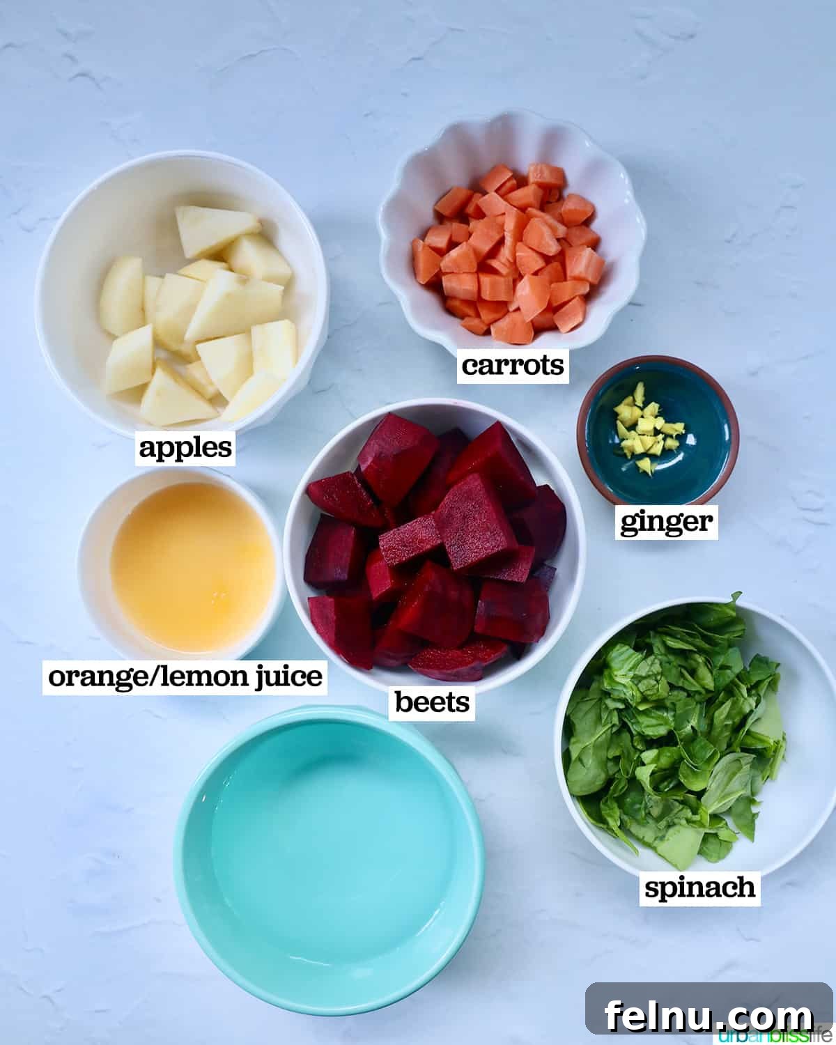 Ruby Root Revival 5 bowls of ingredients to make beet detox juice.