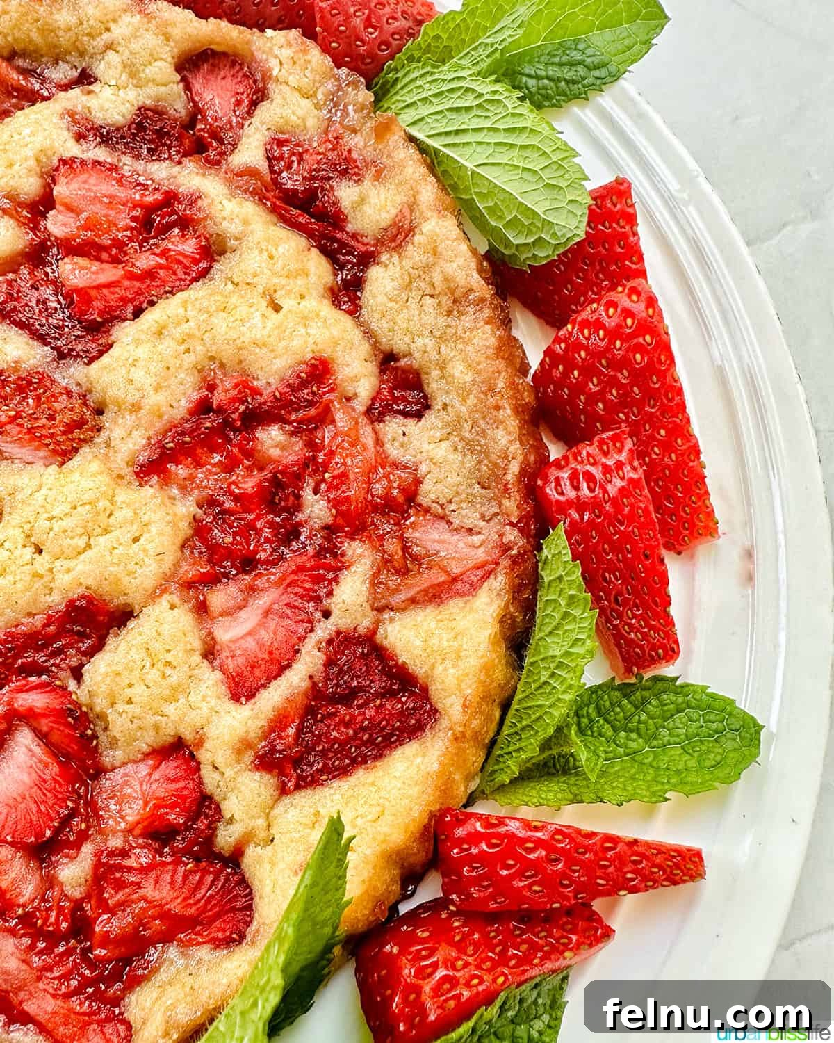 Close-up of a slice of Strawberry Spoon Cake garnished with mint leaves and sliced strawberries on a white plate.