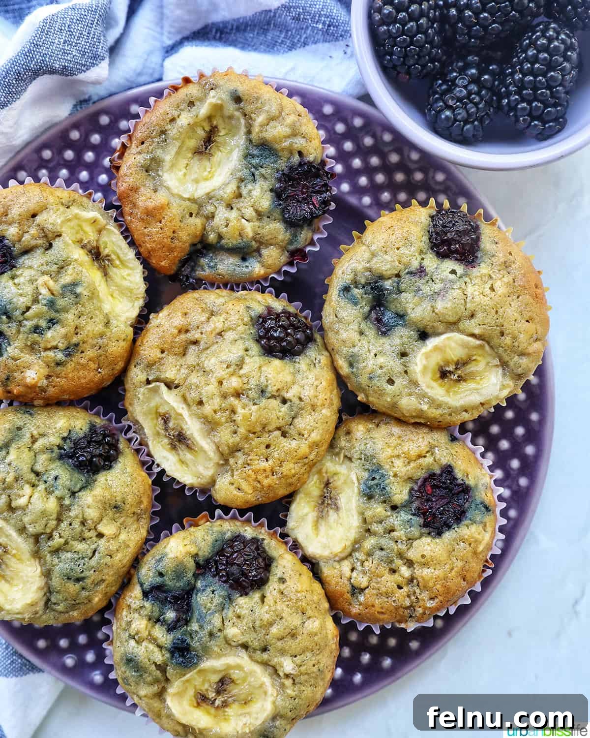 Bursting Blackberry Banana Oat Muffins 2 A purple plate adorned with several golden-brown banana blackberry oatmeal muffins, accompanied by a scattering of fresh blackberries.