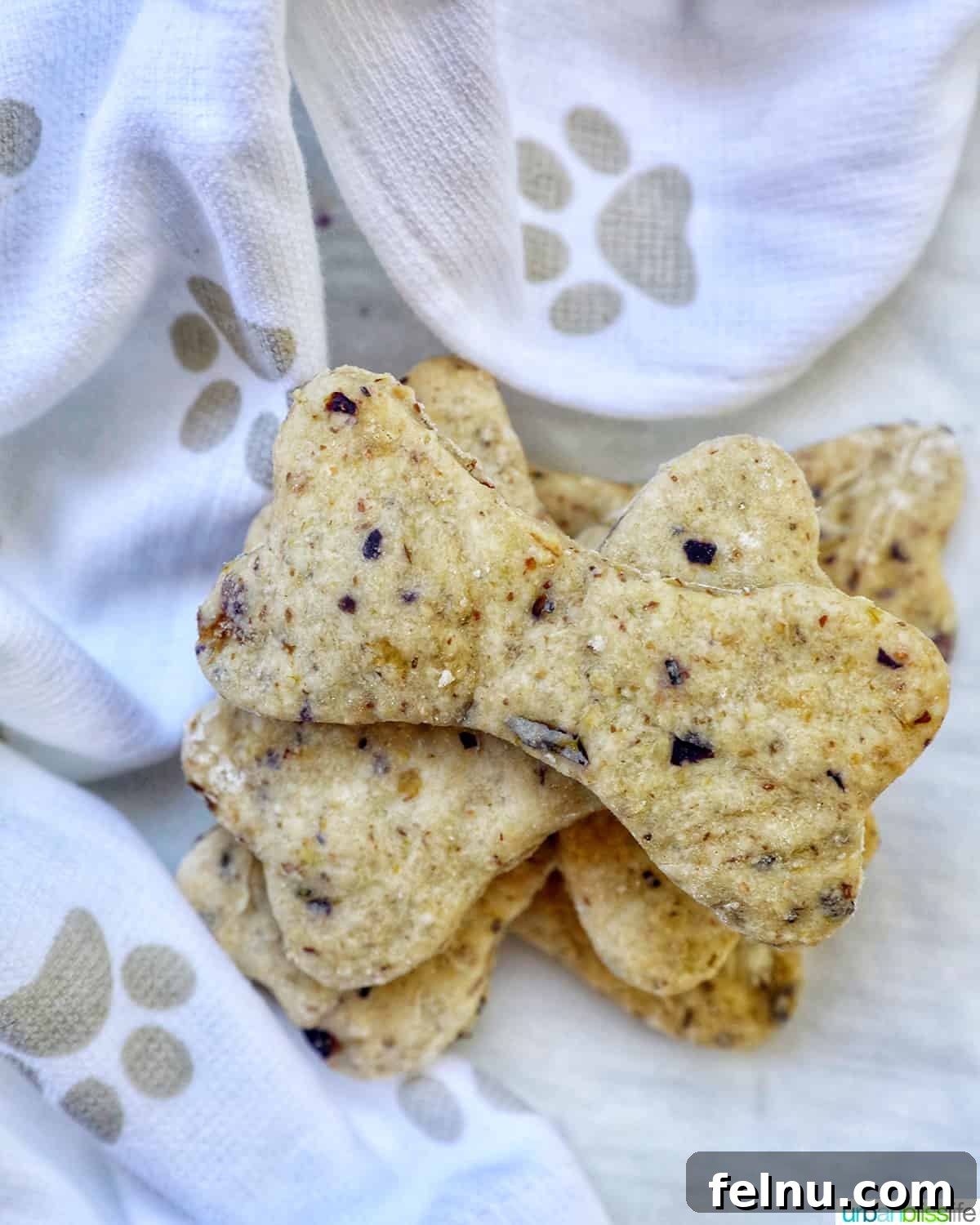 Happy Hound Blueberry Treats 2 Stacked homemade blueberry dog treats with oats, shaped like dog bones.