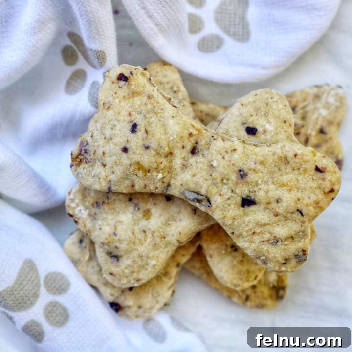 Stack of homemade blueberry dog treats cut out in the shape of dog bones on a dog paw printed towel.