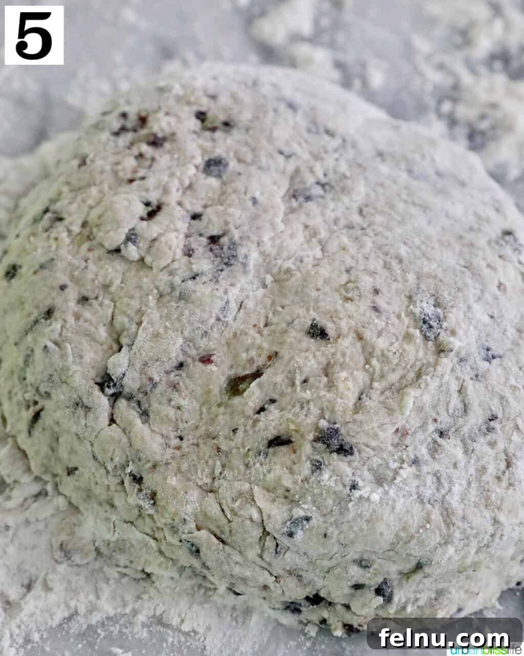 Happy Hound Blueberry Treats 9 Step 5: Dough with blueberries forming a ball.
