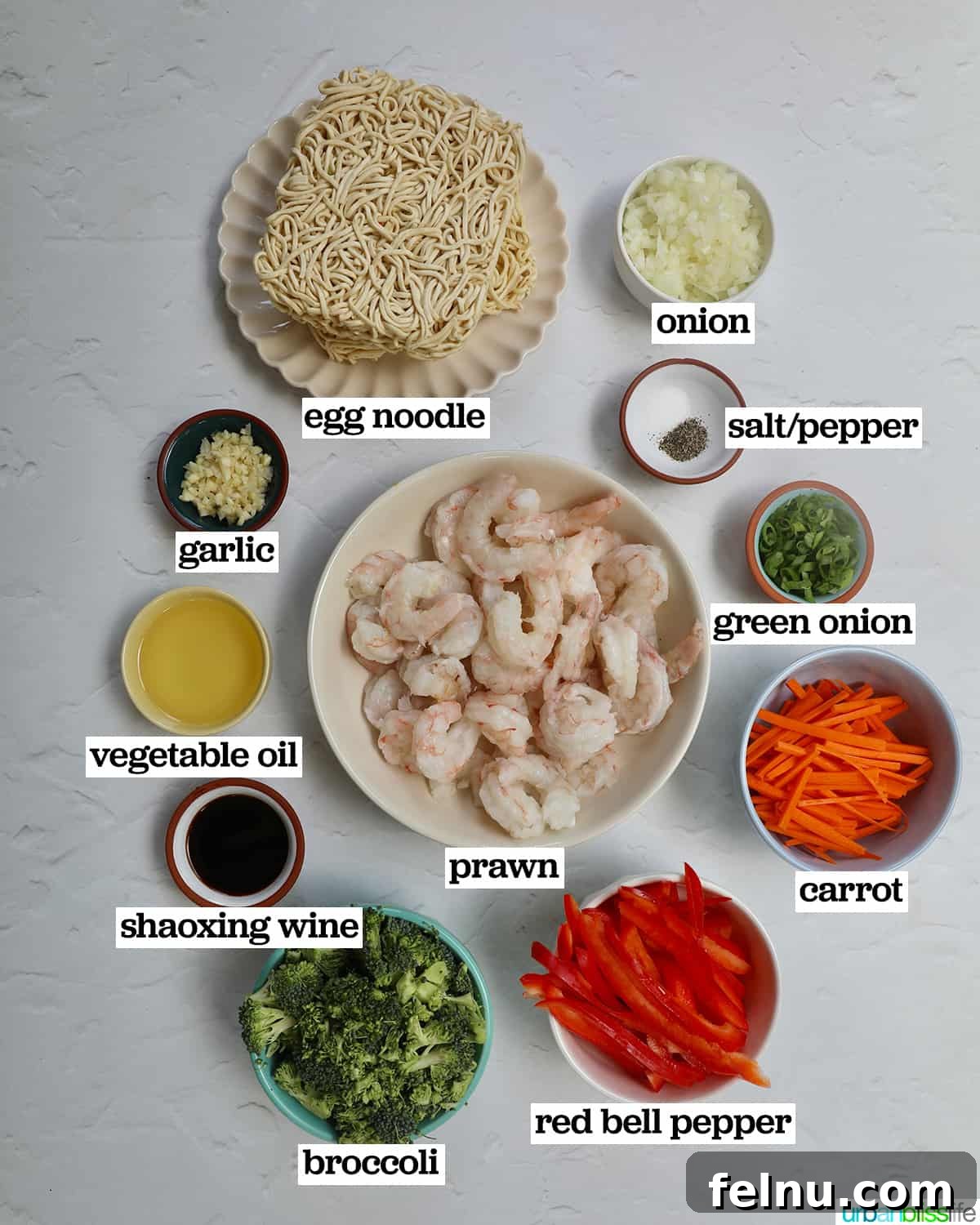 Homemade Prawn Chow Mein Delight 5 Various bowls of fresh ingredients including prawns, noodles, and chopped vegetables, ready for cooking Prawn Chow Mein.