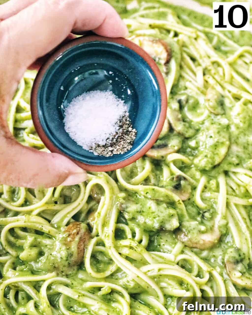 Earthy Mushroom Pesto Pasta 16 Hand holding a small bowl of salt and pepper over the finished mushroom pesto pasta, ready for seasoning.