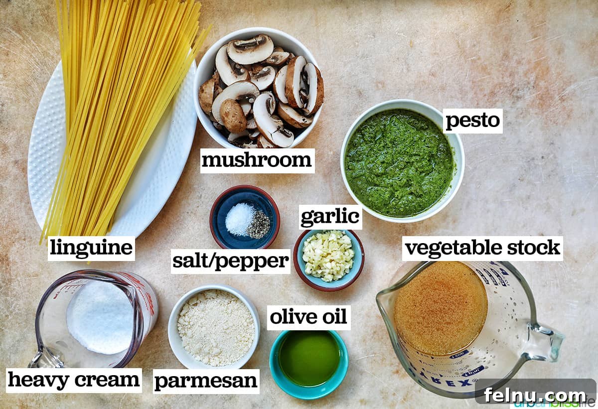 Earthy Mushroom Pesto Pasta 4 Bowls of fresh ingredients including sliced mushrooms, minced garlic, pesto, and cream ready for mushroom pesto pasta.