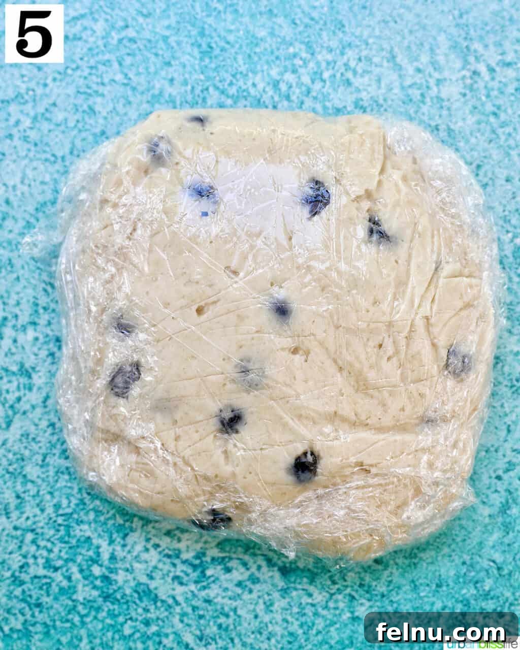 Lemon Blueberry Bliss Cookies 13 Lemon blueberry cookie dough disc wrapped in plastic wrap.