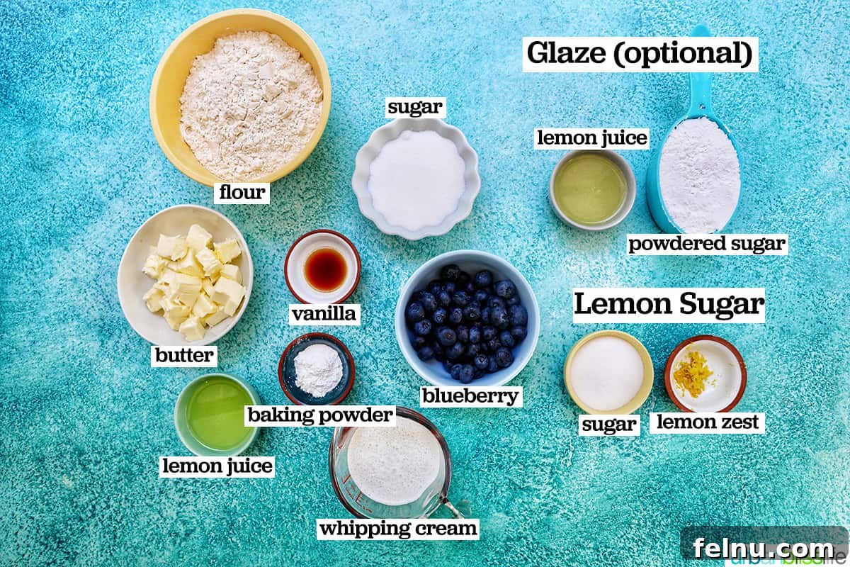 Lemon Blueberry Bliss Cookies 4 Bowls of several ingredients to make lemon blueberry cookies.