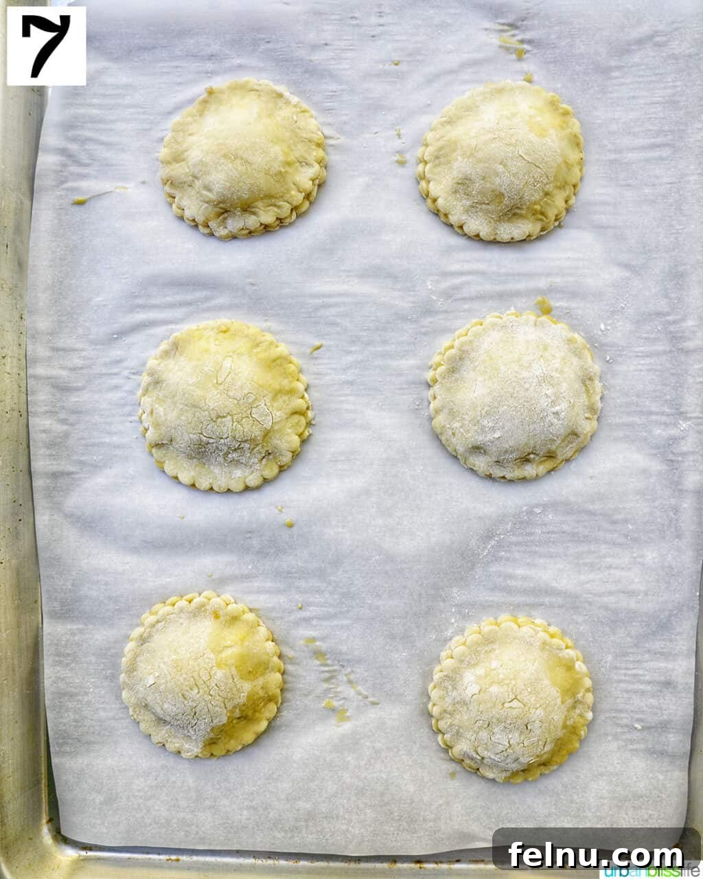 Sun-Kissed Peach Mango Pie 11 Several round mini peach mango hand pies, fully assembled and ready to bake in the oven.