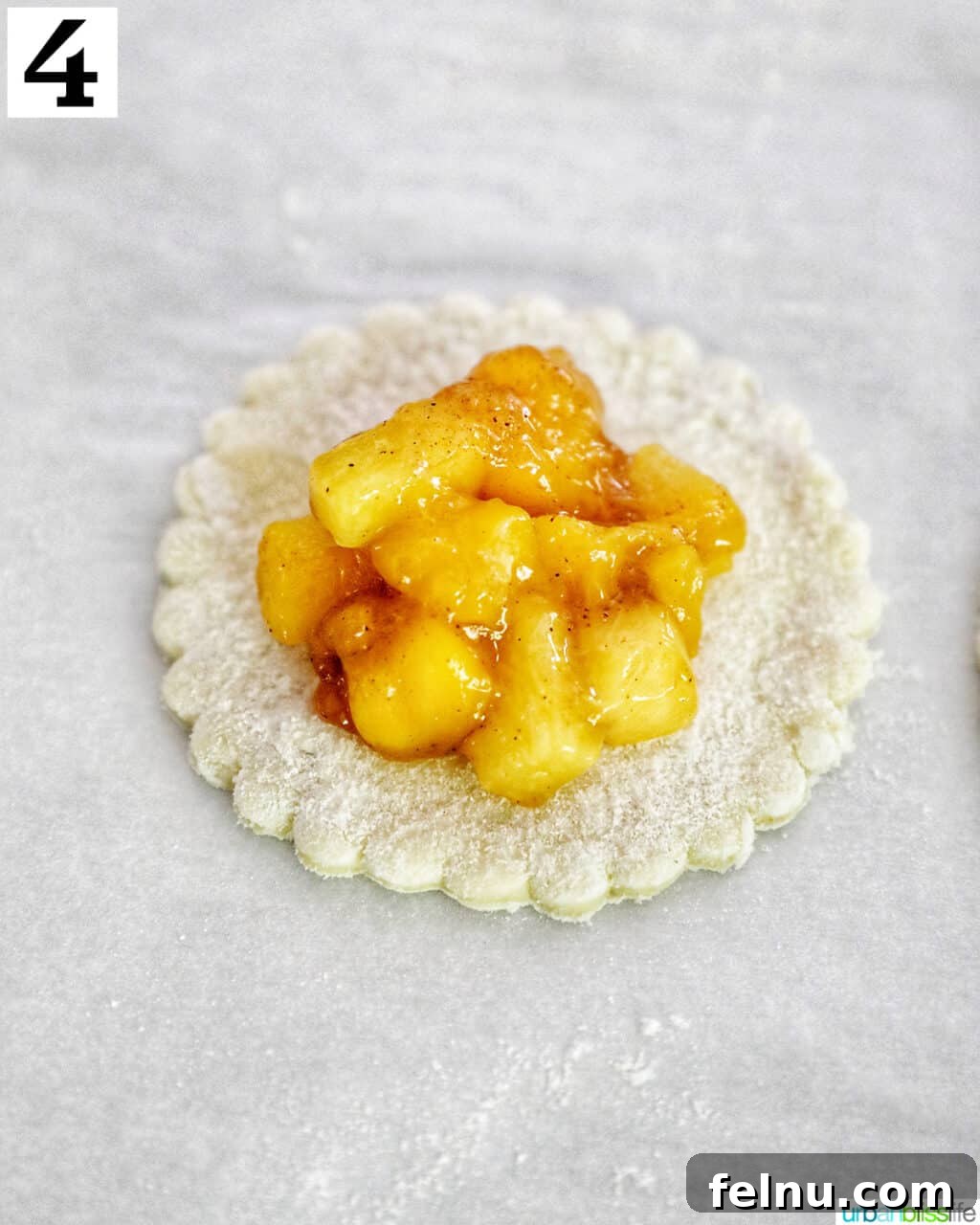 Sun-Kissed Peach Mango Pie 8 Diced peaches and mango filling placed in the center of a round puff pastry dough.