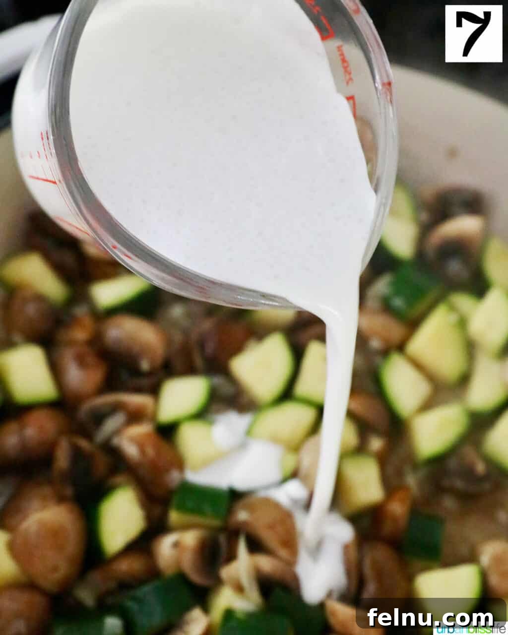 Zucchini and Mushroom Pasta Primavera 11 Adding Cream for Zucchini Mushroom Pasta
