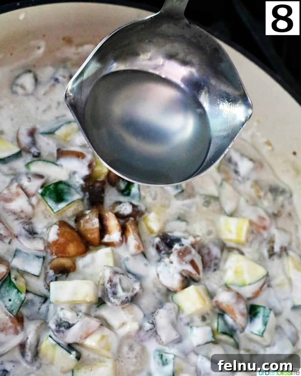 Zucchini and Mushroom Pasta Primavera 12 Adding Pasta Water for Zucchini Mushroom Pasta