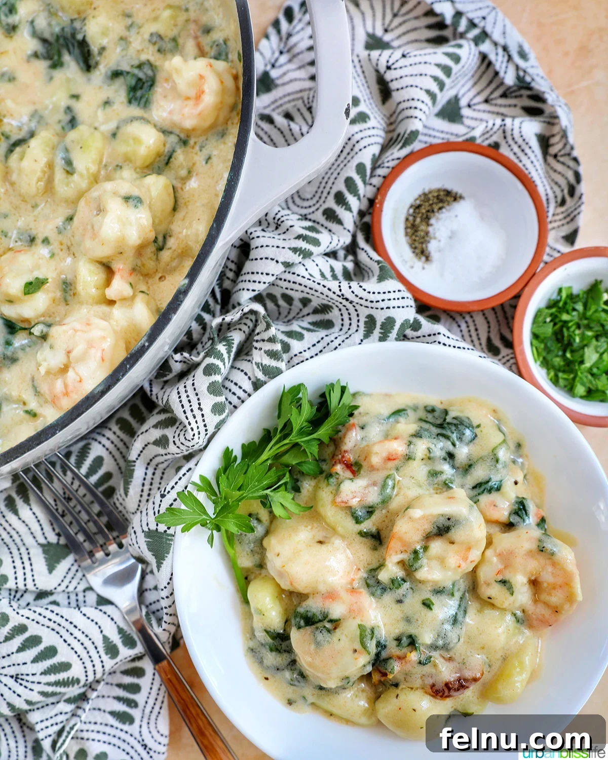 Tuscan Shrimp Gnocchi Delight 17 Overhead shot of Tuscan Shrimp Gnocchi in a bowl.