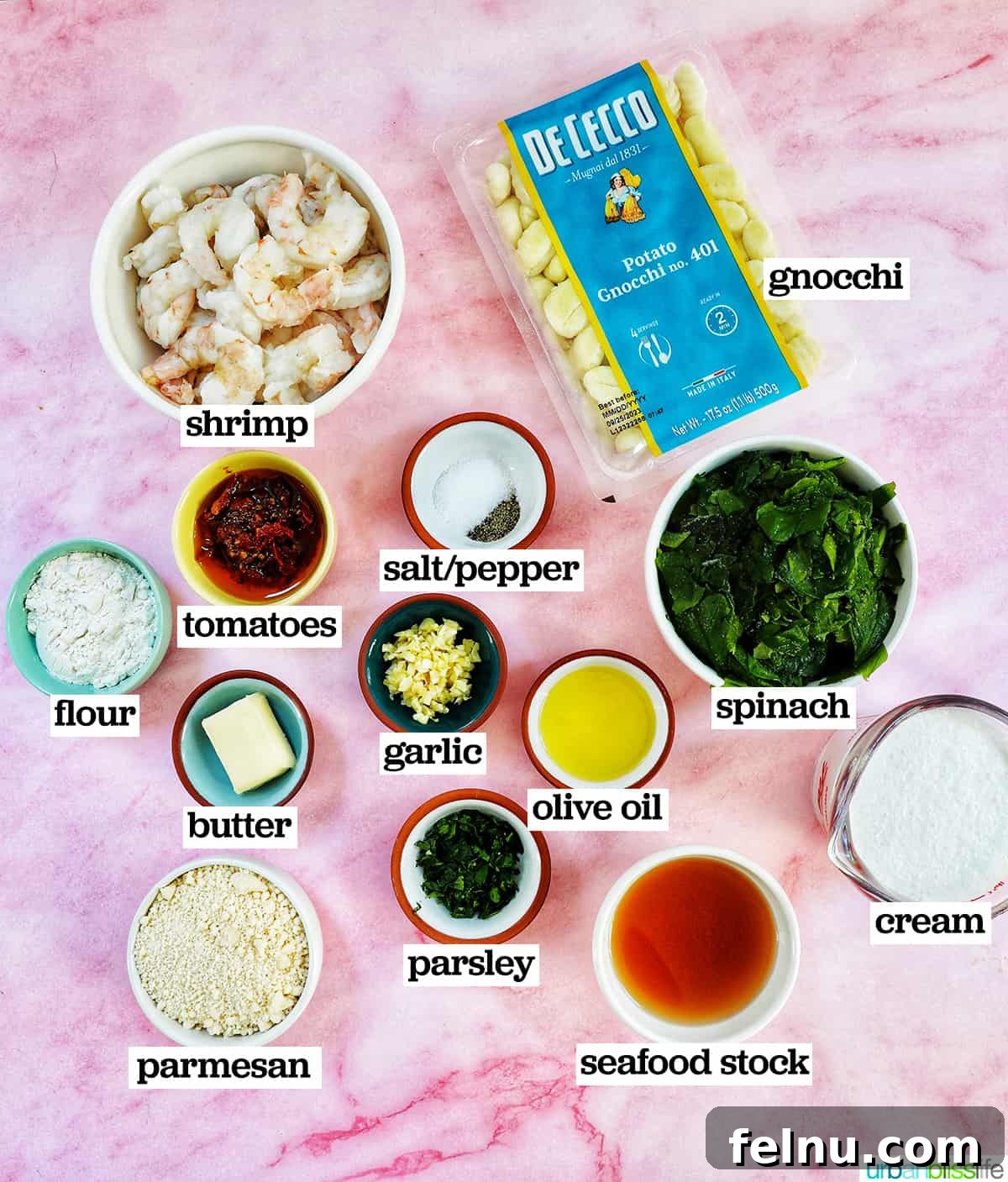 Tuscan Shrimp Gnocchi Delight 4 Ingredients for Tuscan Shrimp Gnocchi laid out on a counter.