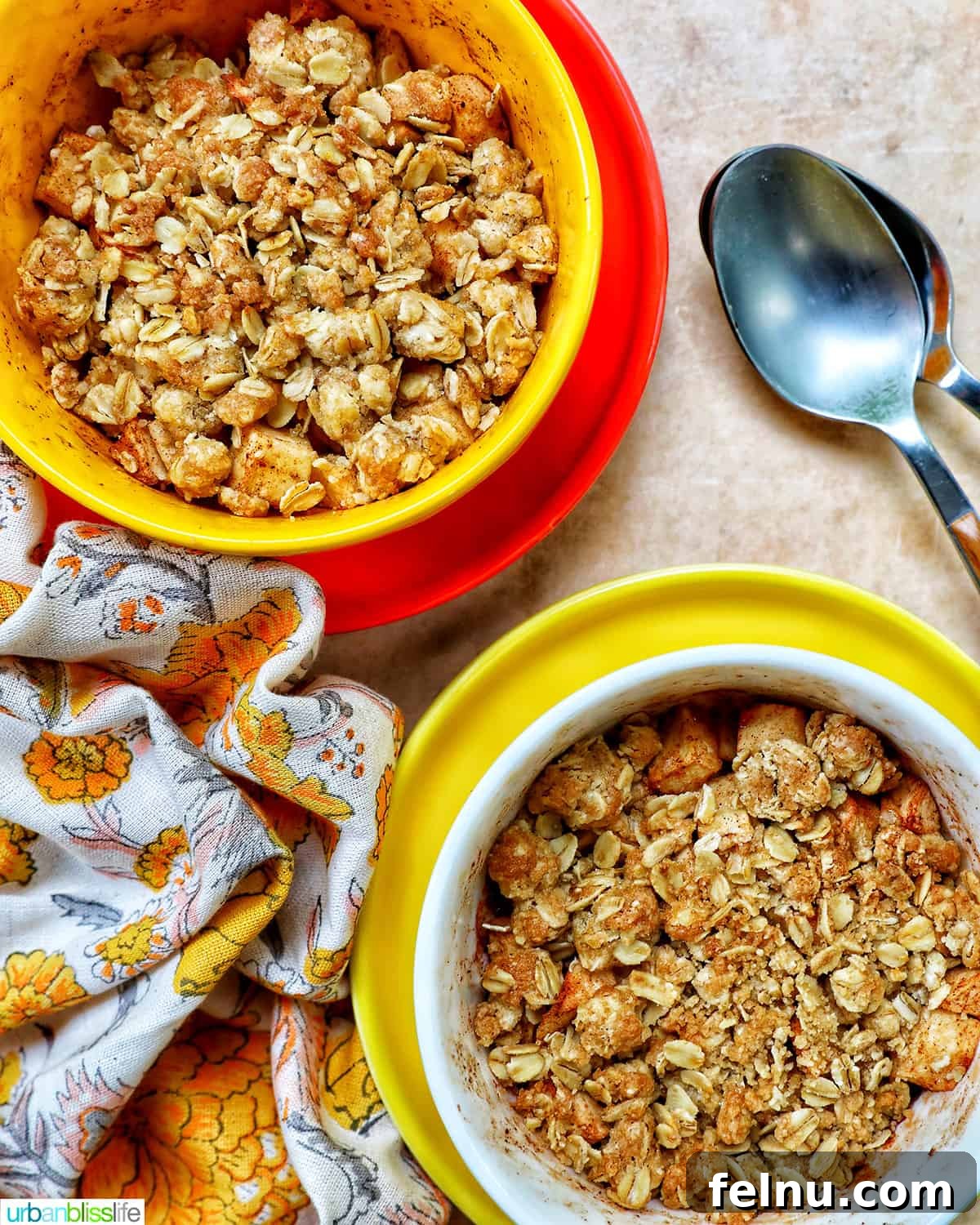 Air Fryer Apple Crumble 2 Two bowls of Air Fryer Apple Crisp with spoons.