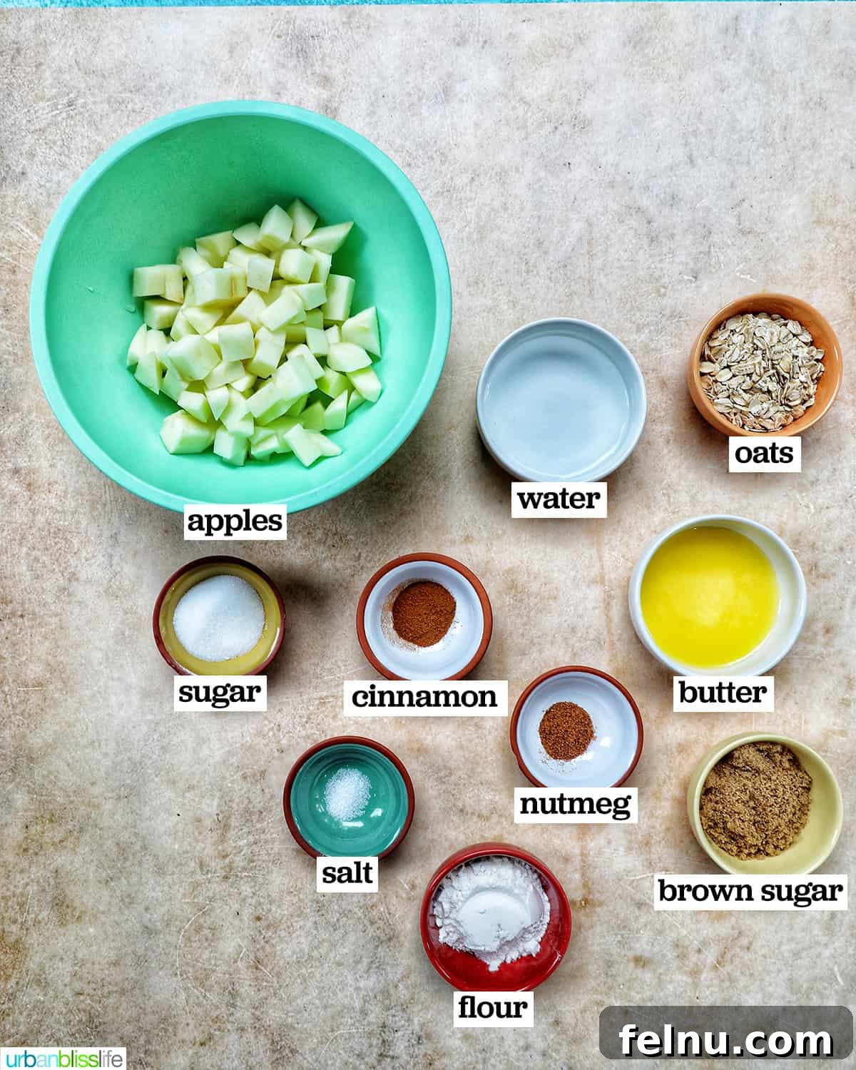 Air Fryer Apple Crumble 4 Bowls of ingredients to make two bowls of Air Fryer Apple Crisp.