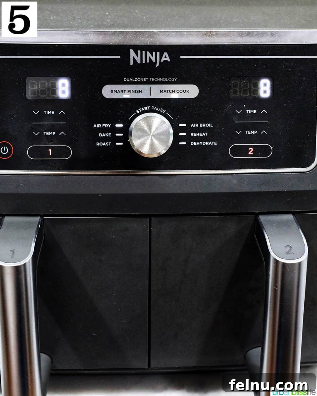 Air Fryer Apple Crumble 10 Ninja Dual Zone Air Fryer set to air fry at 8 minutes.