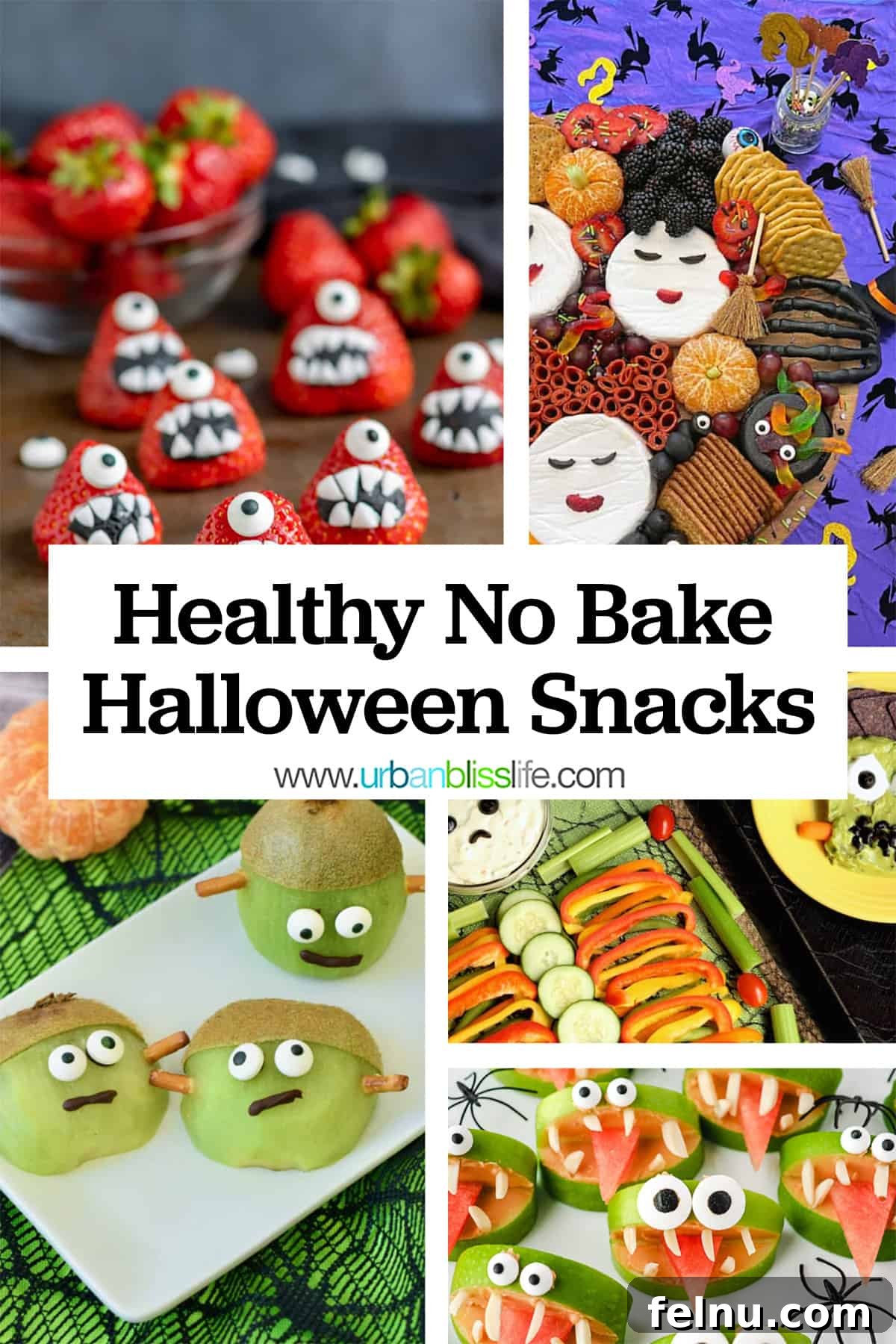 17 Spooktacularly Healthy No-Bake Halloween Treats 2 A vibrant collage showcasing various healthy and no-bake Halloween snacks, accompanied by prominent title text.