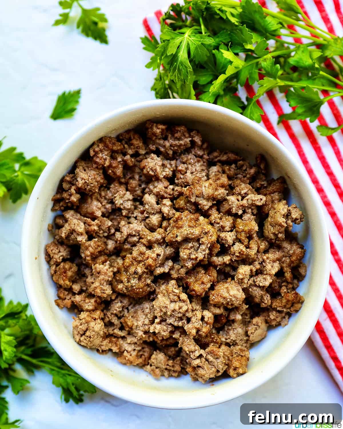 Air Fryer Ground Beef Dishes 3 Cooked ground beef in a white bowl with parsley sprigs.