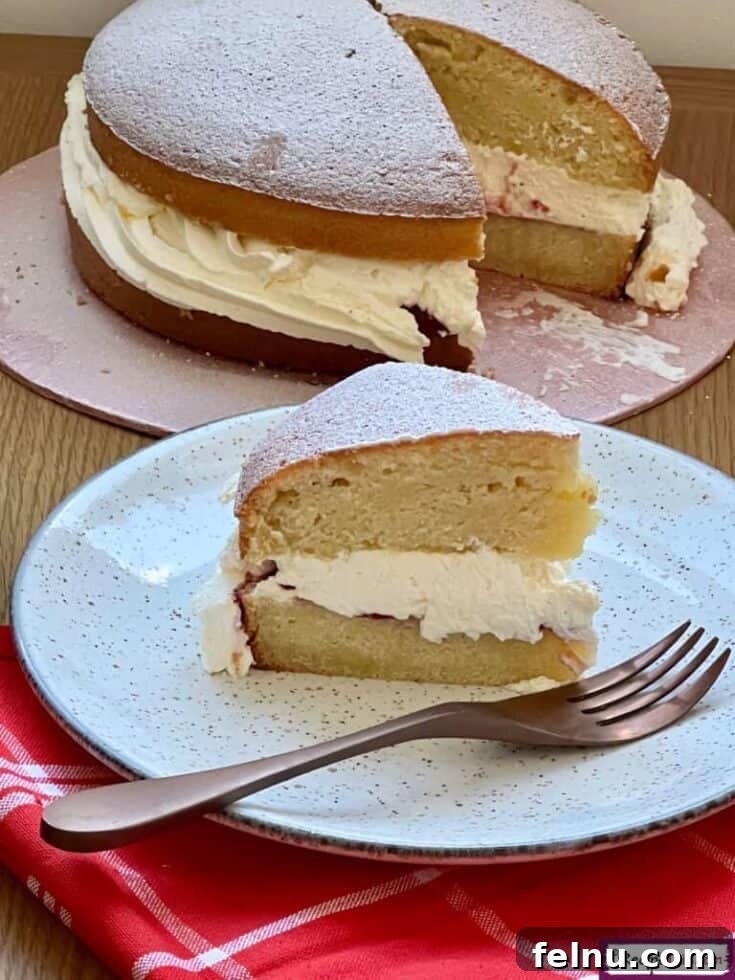 Classic British Victoria Sponge Cake baked in an Air Fryer, with jam and whipped cream.