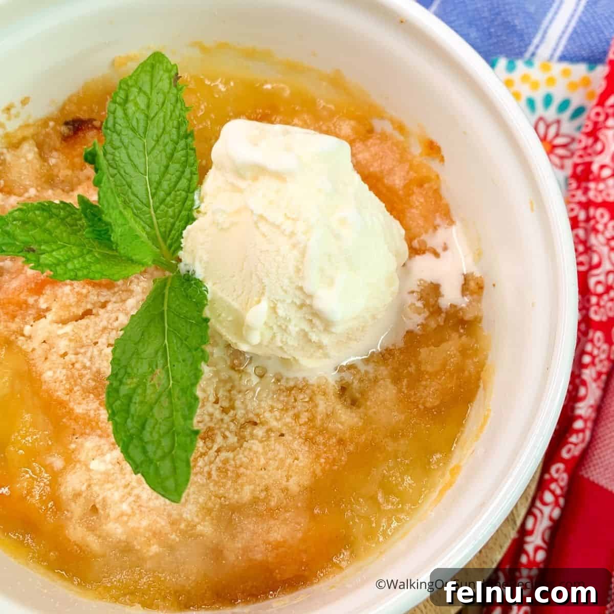 Easy 3-ingredient Air Fryer Peach Dump Cake, perfect for two.