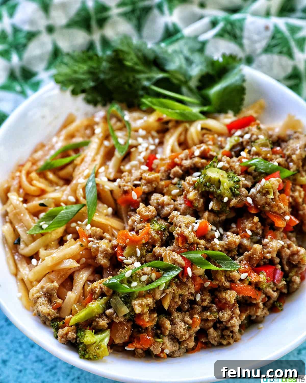 Flavorful Teriyaki Ground Turkey Stir-Fry 2 Ground Turkey Teriyaki with green onions, fresh broccoli florets, vibrant carrots, and tender red bell peppers, served in a pristine white bowl and garnished with fresh cilantro.