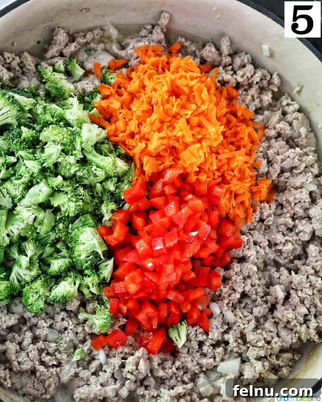 Flavorful Teriyaki Ground Turkey Stir-Fry 11 Diced red bell peppers, grated carrots, and finely chopped broccoli being added to the cooked ground turkey in a large skillet, ready for stir-frying.