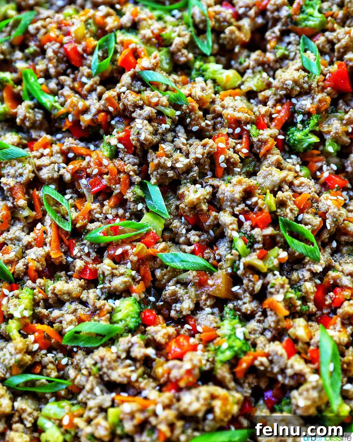 Flavorful Teriyaki Ground Turkey Stir-Fry 14 Ground Turkey Teriyaki brown rice bowl with green onions, broccoli, carrots, and red bell peppers, shown as a close-up on the meat and vegetables.