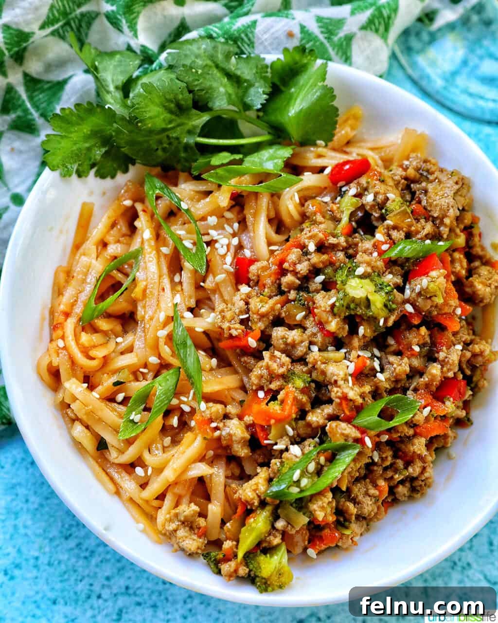 Flavorful Teriyaki Ground Turkey Stir-Fry 16 Ground Turkey Teriyaki with green onions, broccoli, carrots, and red bell peppers, served over noodles in a white bowl with cilantro garnish, from an overhead perspective.