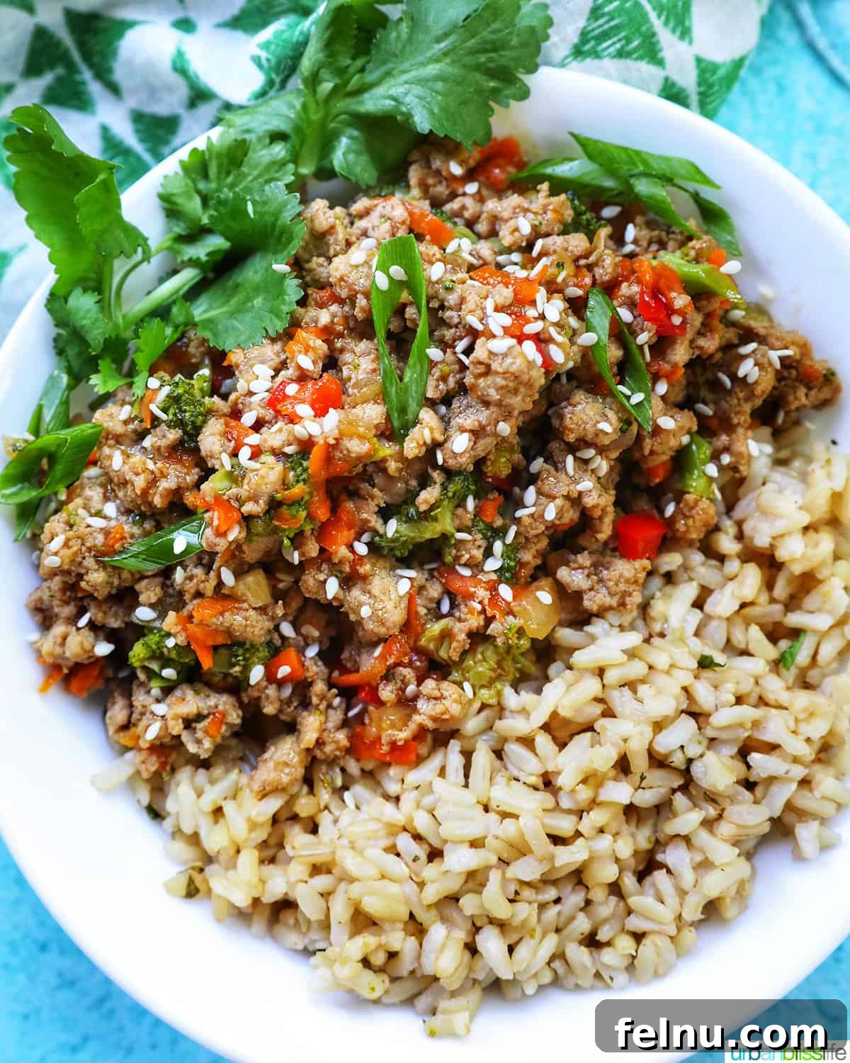 Flavorful Teriyaki Ground Turkey Stir-Fry 3 Ground Turkey Teriyaki brown rice bowl with thinly sliced green onions, crisp broccoli, shredded carrots, and diced red bell peppers, presented in a clean white bowl with a fresh cilantro garnish.