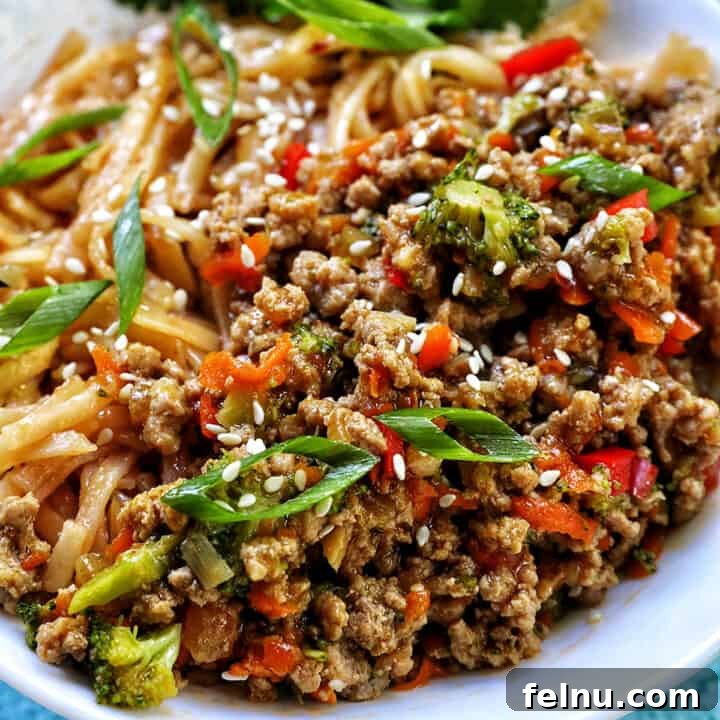 Flavorful Teriyaki Ground Turkey Stir-Fry 18 Ground Turkey Teriyaki with green onions, broccoli, carrots, and red bell peppers, in a white bowl with cilantro garnish.