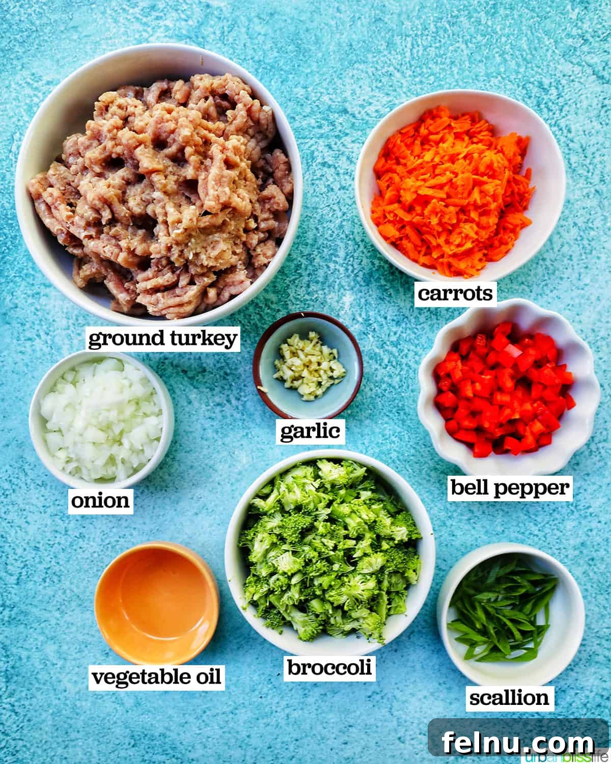 Flavorful Teriyaki Ground Turkey Stir-Fry 5 Individual bowls holding ingredients for the ground turkey teriyaki mixture: ground turkey, diced onions, minced garlic, chopped broccoli, grated carrots, and diced red bell pepper.