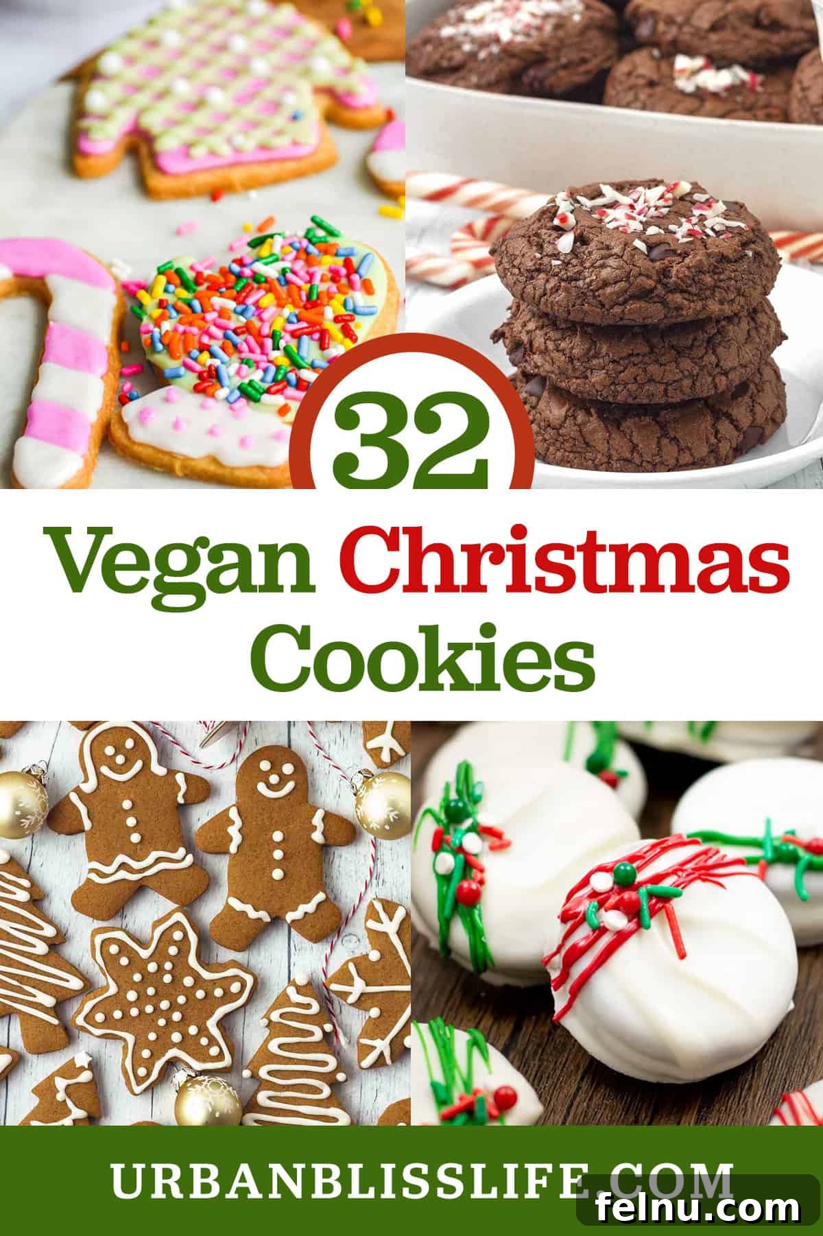 32 Irresistible Vegan Christmas Cookies 2 A festive assortment of vegan Christmas cookies, including gingerbread, sugar, and chocolate peppermint varieties.