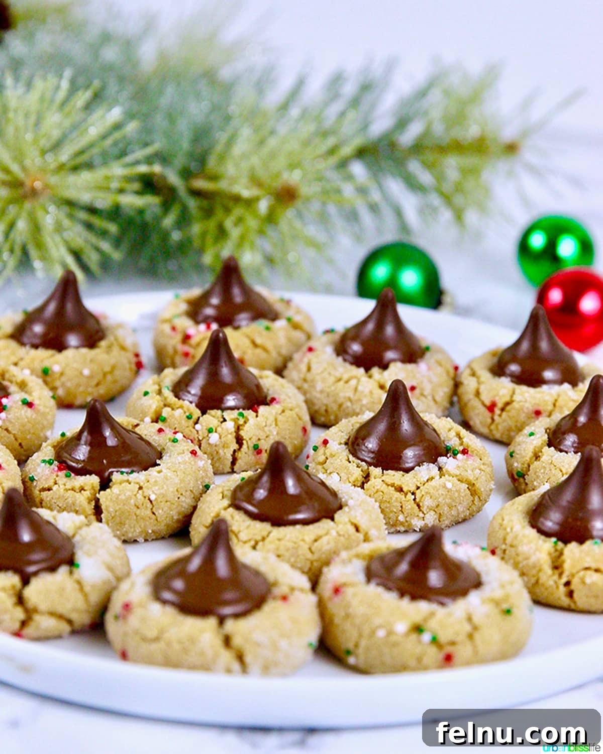 32 Irresistible Vegan Christmas Cookies 3 A plate of freshly baked vegan peanut butter blossom cookies, ready for the holidays.