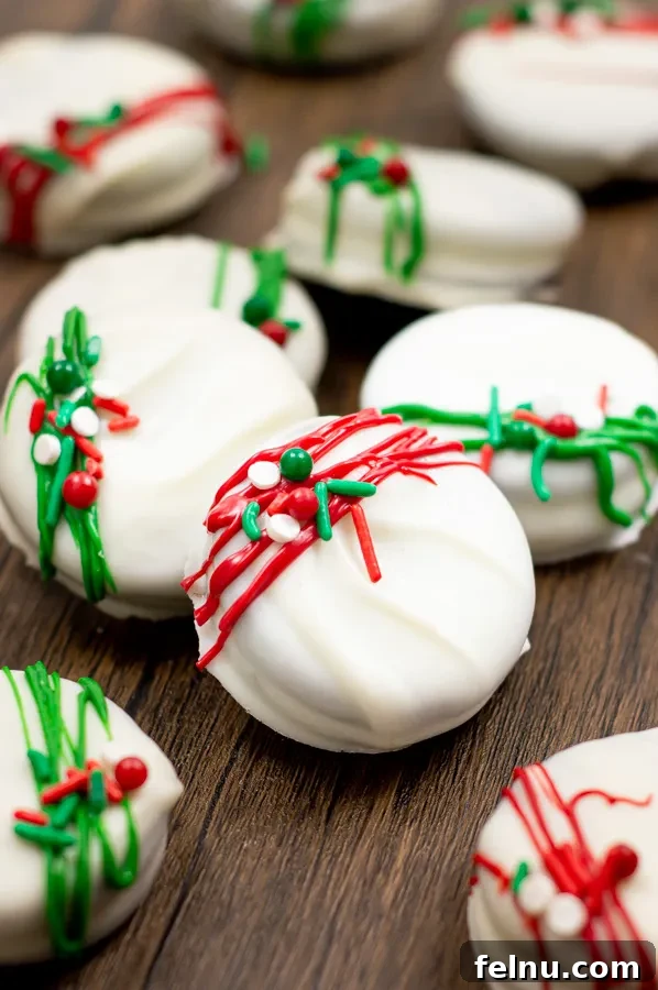Festive Christmas Oreos, decorated for the holidays.