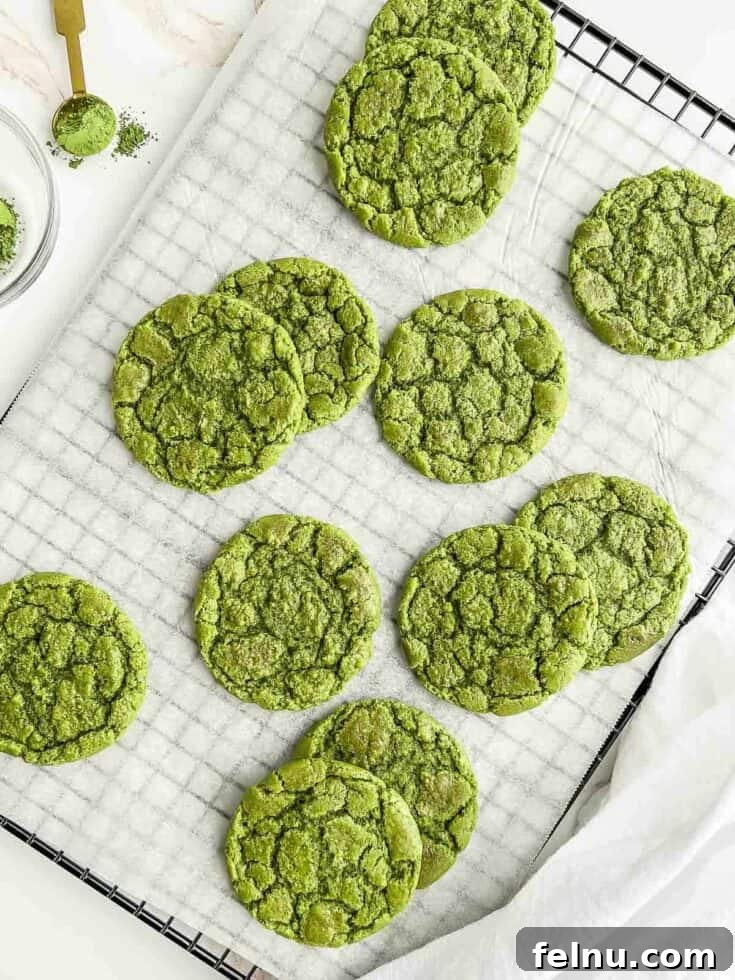 Soft and sweet vegan matcha cookies with a vibrant green color.