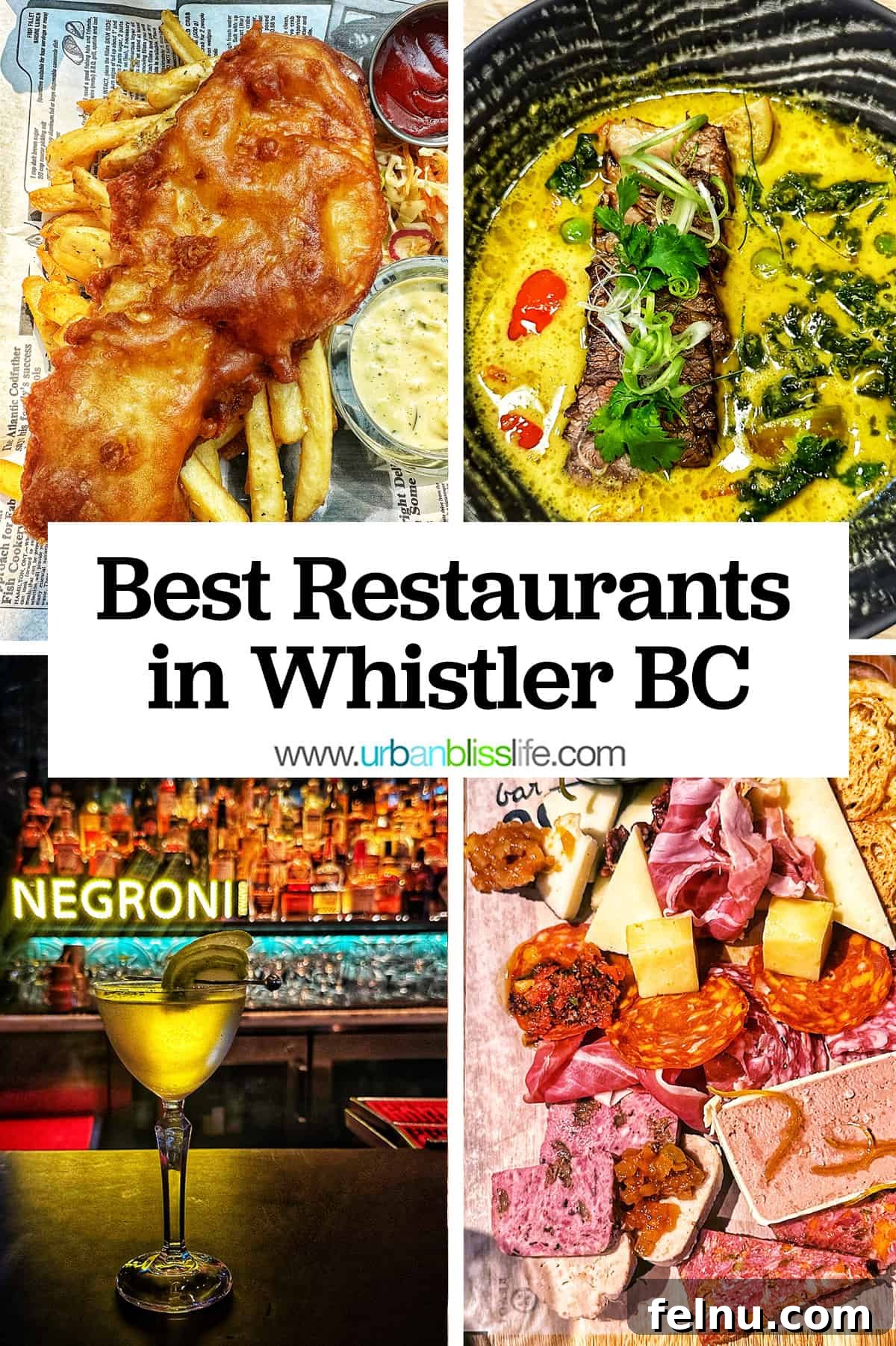 A curated collection of Whistler restaurants, featuring fish and chips, green curry, cocktails, and charcuterie.