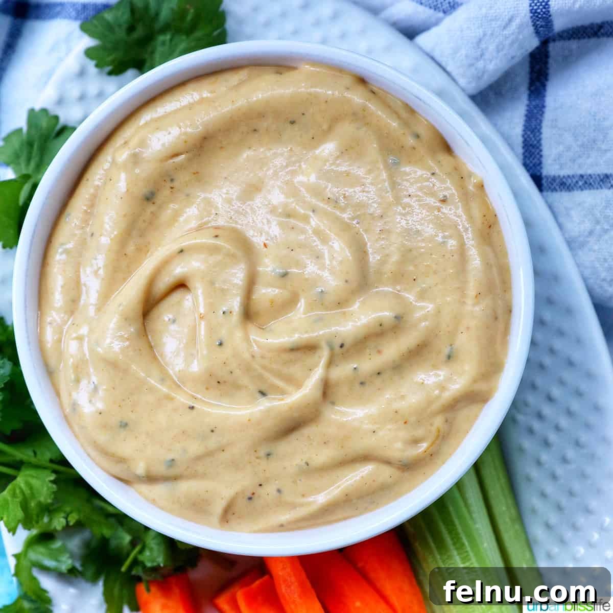 Close-up of Buffalo Ranch Sauce with vegetables.