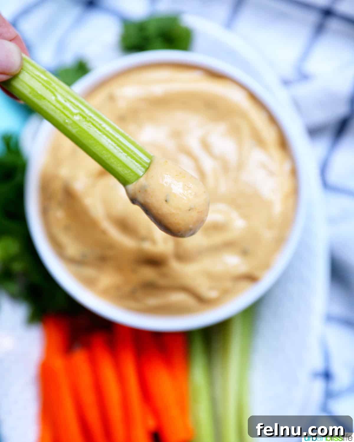 Celery stick dipped in Buffalo Ranch Sauce.
